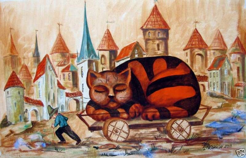 Painting Original Fine Art OIL Russian Modern Pronkin big cat in old 