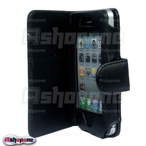 Black Wallet Flip Leather Case Cover For iPhone 4 4G  