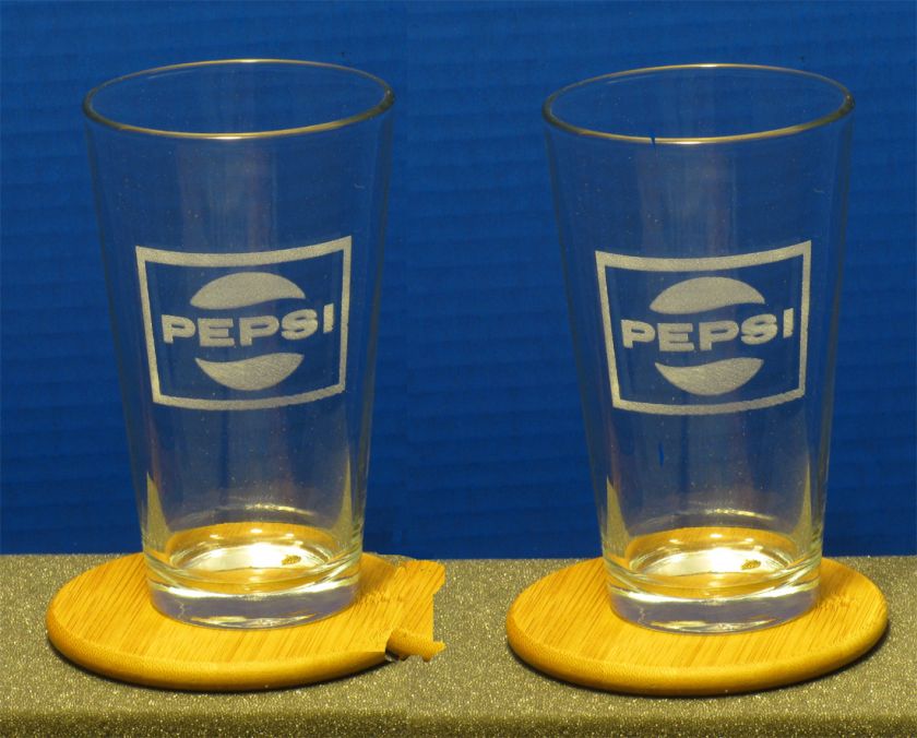 SET OF 2 ETCHED OLD PEPSI SQUARE LOGO PINT GLASSES  
