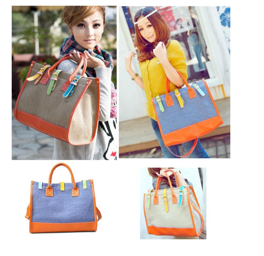   Ethnic Canvas Leather Vintage Jelly Color Tote Handbag Shoulder Bag