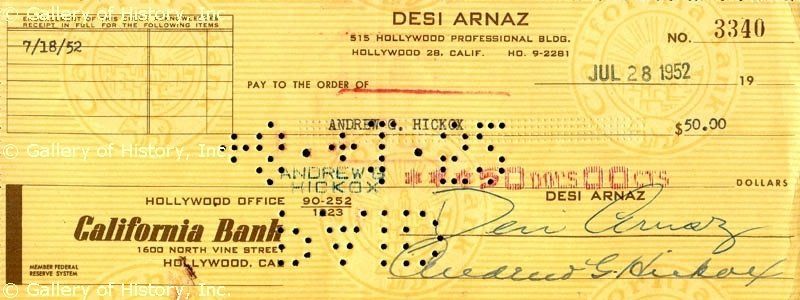 DESI ARNAZ SR.   CHECK SIGNED 07/28/1952  