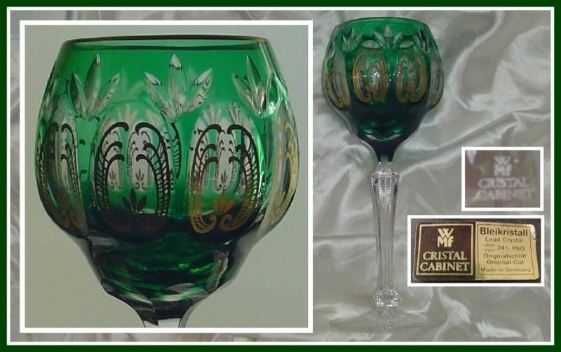 EMERALD GREEN & GOLD Wine Goblet CUT TO CLEAR CRYSTAL  