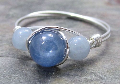   Kyanite & Angelite Sterling Silver Wire Wrapped Bead Ring ANY size