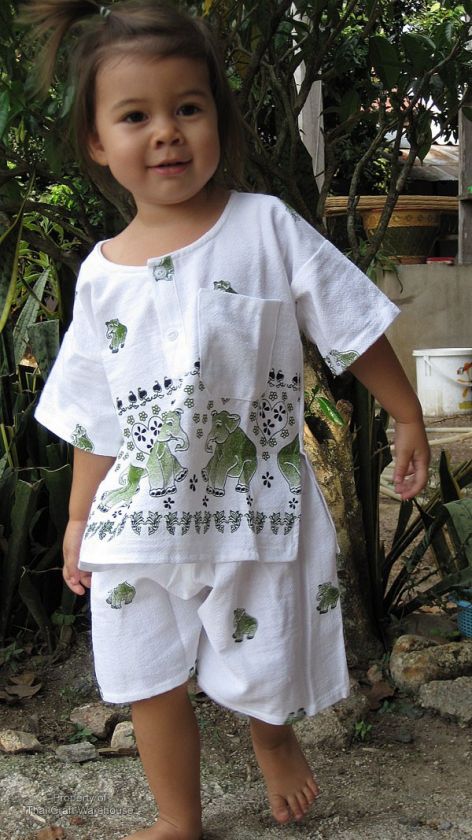 Thai Cotton Childs Elephant Print Shirt and Shorts Outfit White Green 