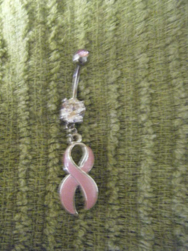 Pink CZ Cancer Awareness Ribbon Bow Dangle Navel Belly Ring  
